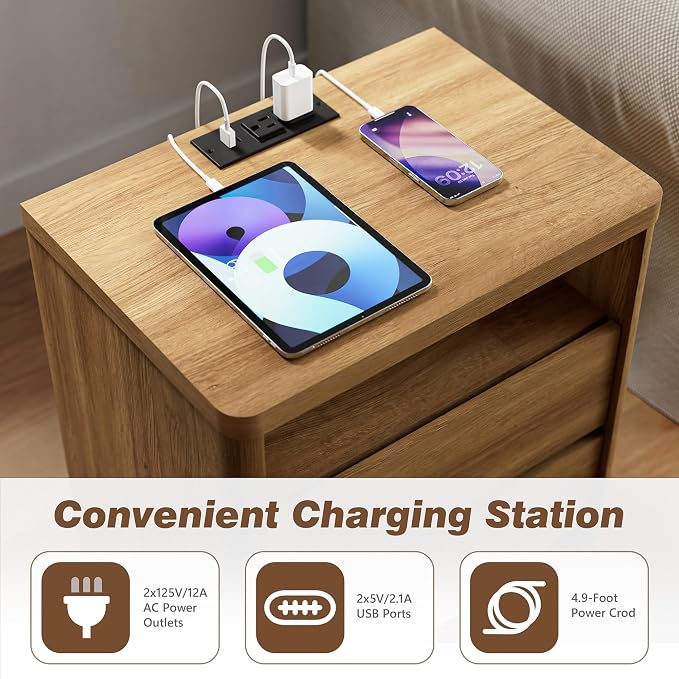 3 Pieces of Dresser and Nightstand Set,47.2" Width 6-Drawer Dresser & 2-Drawer Nightstands Set of 2,Nightstand with USB&Type C Charging Station&Outlets, Modern Design for Bedroom,Natural Oak