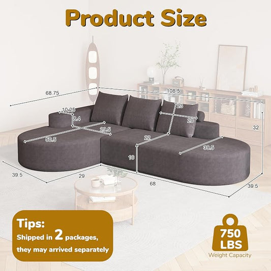 109" Modern Modular Curved L-Shaped Sofa, Chenille Upholstered Sectional Couch Set with 3 Pillows,Free Combination Sofa for Living Room (Grey, 108.5" Right Lounge)