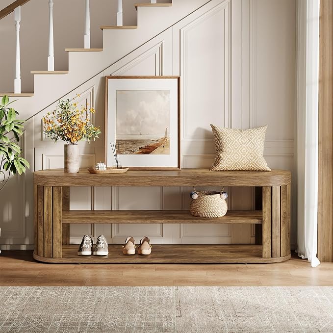 Tribesigns 47.2" Wooden Entryway Bench with 2-Tier Shoe Storage, Farmhouse Dining Bench with Adjustable Foot Pads, End of Bed Stool for Bedroom, Hallway, Living Room, Dining Room, Light Brown
