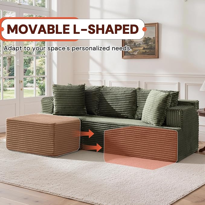 Korser Boneless Couches for Living Room, Cloud Couch Sectional with Ottoman, L-Shaped Sofa with Fluffy Comfy Corduroy Deep Seat, Bedroom, Apartment, No Assembly Required