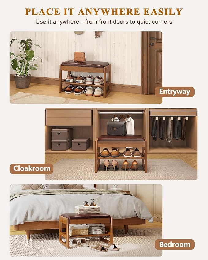 IUNVR Shoe Rack Bench with Hidden Storage, 2-TierSolid Rubberwood Entryway Bench with SoftLeather Cushioned Seat & Flip-Top Storage,330lbs Capacity, Wooden Shoe Organizer forHallway, Closet, Foyer