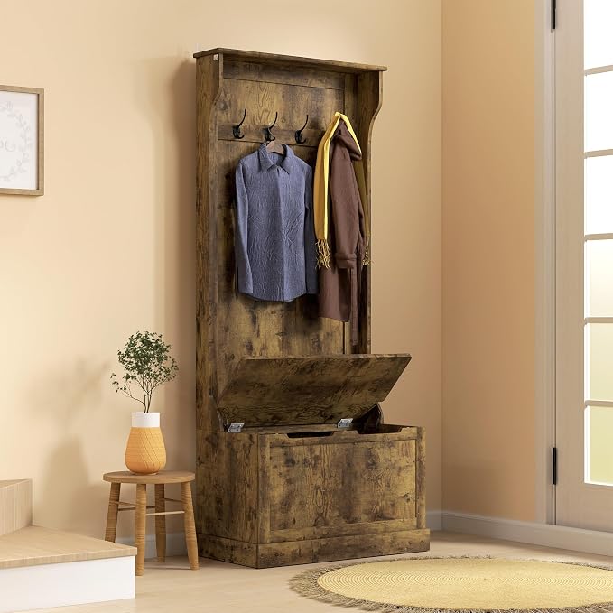 HOMCOM Hall Tree with Bench and Shoe Storage, 3-In-1 Entryway Bench with Coat Rack, 4 Hooks and Flip Top Storage Compartment, Rustic Brown