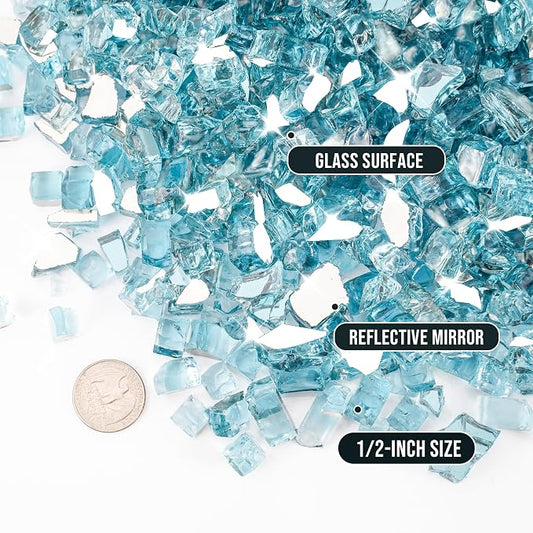 Skyflame 15 Pounds Fire Pit Glass, 1/2 Inch Aqua Blue Reflective Fire Glass for Fire Pit Table/Fireplace/Landscaping