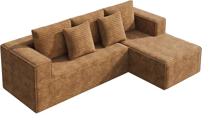 WLIVE 108'' Cloud Sectional Couches for Living Room, Modular Boneless Couch with Right Facing Chaise, L Shape Memory Foam Corduroy, with Cushion, Brown