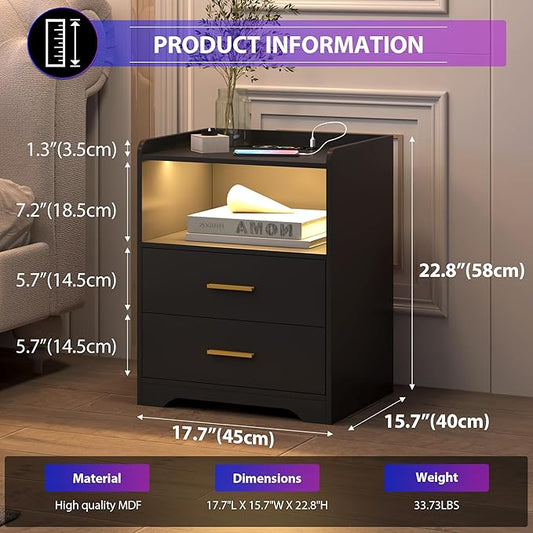 dnbss Black LED Nightstand with Charging Station, Modern Night Stands with 24-Color RGB LED Lights, Smart Lighted Black Bedside Table with 2 Drawers for Bedroom