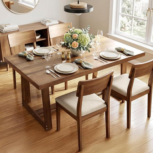 VINGLI 48 Inch Farmhouse Dining Table for 4-6, Solid Pine Wood Table with 4 Corner Protectors, Rectangular Dining Table for Kitchen, Dining Room, Small Apartment, Studio, Family Dinner, Walnut