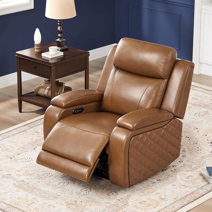 Watson & Whitely Genuine Leather Power Recliner Chairs for Adults, Zero Gravity Recliner with Power Headrest & Hidden Storage, Electric Reclining Sofa Chair for Living Room, Home Office, Saddle Brown