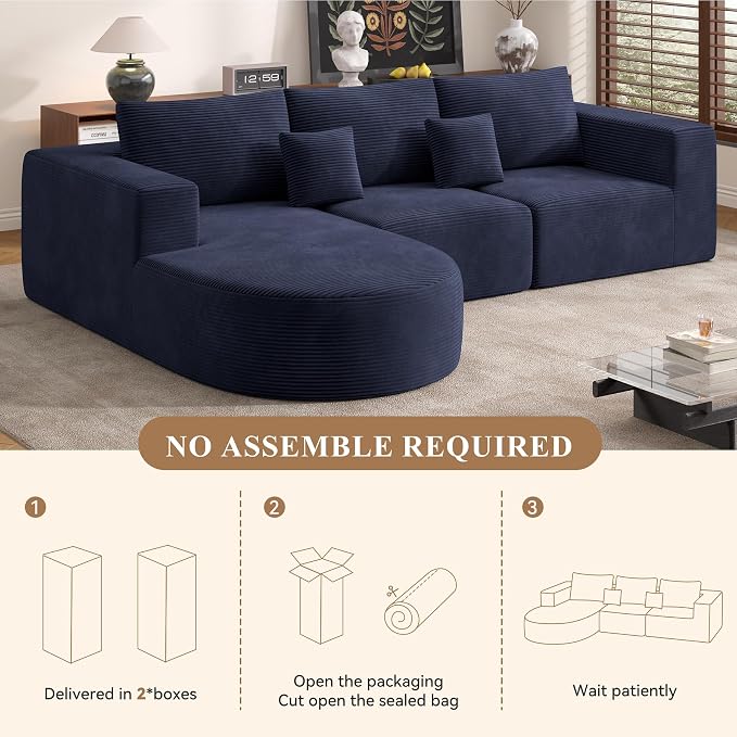L-Shaped Boneless Couch,104" Couches for Living Room with Curved Chaise,Modular Sectional Sofa with Deep Seat,Modern Cozy Cloud Compression Sofas,No Assembly Required(Blue) 1PCS
