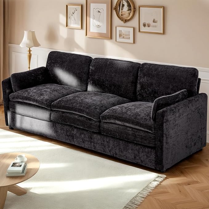 Esright Apartment Cloud Couch, 89-Inch 3-Seat Chenille Sofa, Black | Skin-Friendly Fabric, Deep 22" Seat, 2×6.3" Plush Back Pillows, Wood Frame, 800-Lb Support for Studios and Living Rooms
