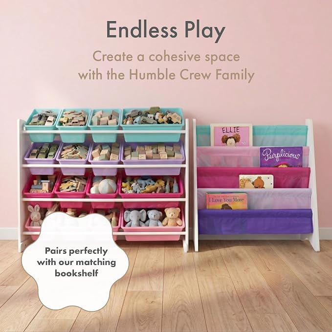 Humble Crew Toy Storage Organizer with 16 Removable Storage Bins for Kids Playroom, 4-Tier Toddler Toy Organization, White/Blue/Pink/Purple