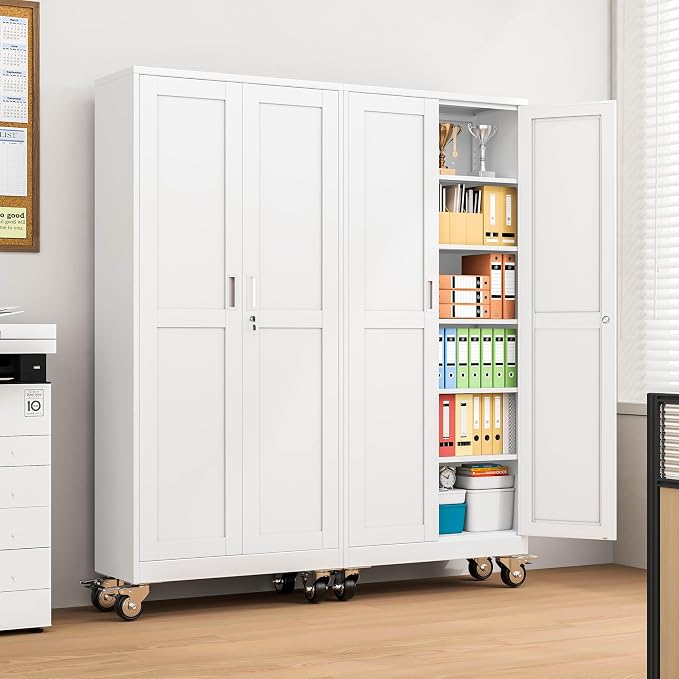 Metal Garage Storage Cabinet, 75”Tall Rolling Utility Cabinet White | storage system with Wheels, Lock, 5 Adjustable Shelves, Heavy Duty Steel Tool Locker for Home Office, Utility Room, Gym