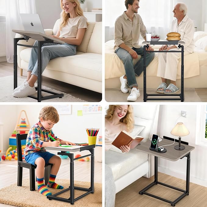 Tv Tray Table, 8-Level Adjustable Height Couch Side Table,90° Tilt Angle Adjustments C-Shaped End Table, with Phone & Tablet Slot Computer Desk for Sofa, Bed, Chair, Living Room(Lvory Gray)