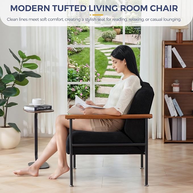MAXYOYO Living Room Accent Chair, Modern Chair with Sturdy Metal Frame & Wood Armrests, Upholstered Reading Chair with Upholstered Cushion for Bedroom Balcony Porch, Black
