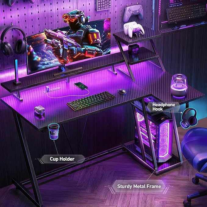 Korfile 55 Inch Black Gaming Desk with LED Lights & Power Outlet, Gaming Computer Desk with Storage Shelves, L Shaped Gamer Workstations with Monitor Stand for Bedroom