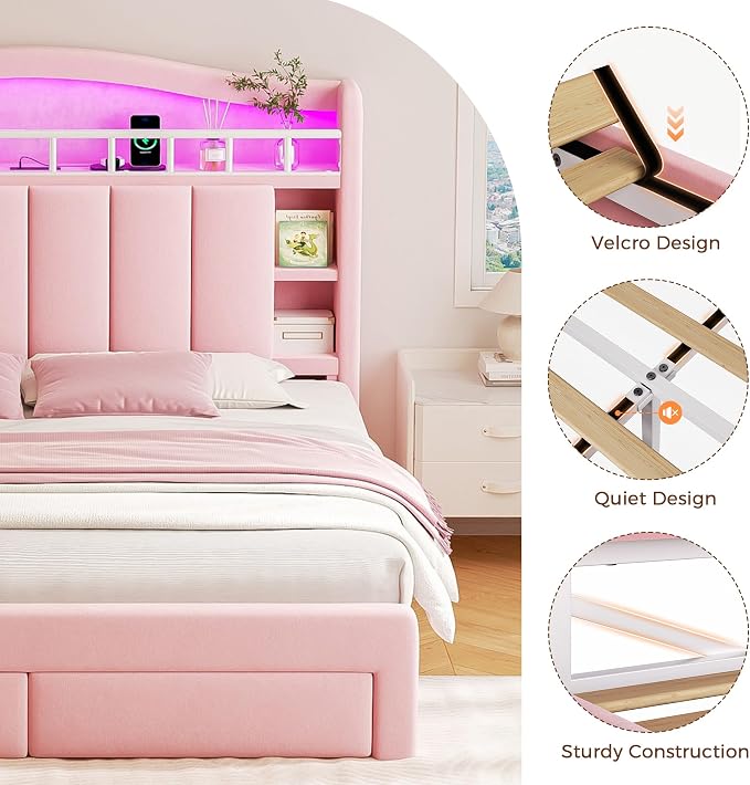 Full LED Bed Frame with Storage Headboard & 2 Storage Drawers, Princess Velvet Upholstered Bed with Vertical Tufted Headboard Design for Girls, USB & Type-C Charging Ports, Wooden Slats Support, Pink