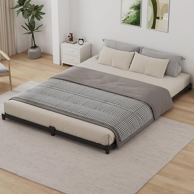 3 Inch Low Profile King Size Bed Frame, Noise-Free Heavy Duty Metal Platform with Mattress Stopper, No Box Spring Needed, Easy Assembly Steel Support, Black