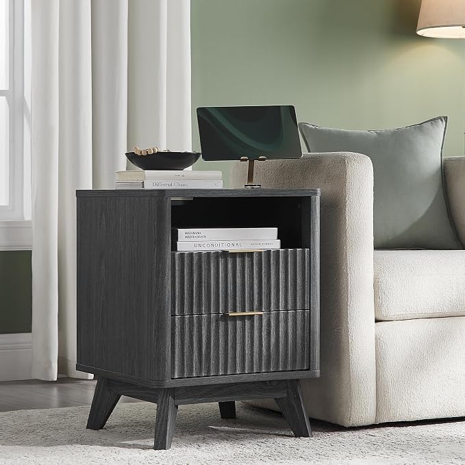 T4TREAM Fluted Nightstand Set of 2 with Charging Station, 18" Modern Side Table, 2 Drawers End Table with Storage, Bedside for Bedroom, Living Room, Curved Profile Design, Dark Alder