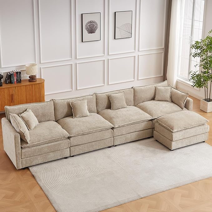 Modular Sectional Sofa, 147.2 Inch L Shaped Couch Set with Armrests, 4-Seater Comfy Cloud Couches with Movable Ottoman for Living Room Apartment, Coffee