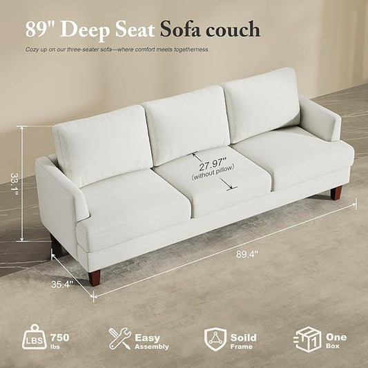 Busaurus 3 Seater Sofa Couch with Deep Seats, 89" Mid Century Modern Upholstered Sofa, Comfy Sofas with Armrests, Couches for Living Room, Bedroom, Apartment and Office (Beige)