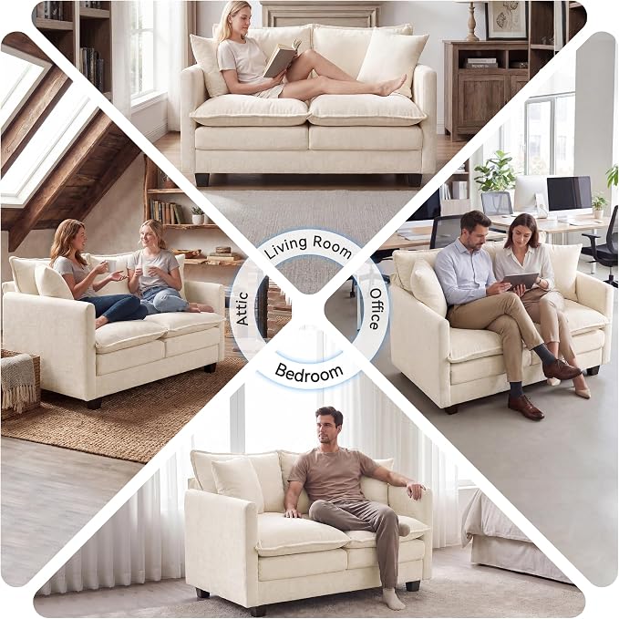 Loveseat Sofa Couch 2 Piece Set, Small Compact 50" Love Seat 27" Deep Cloud Sofa Set Washable Chenille Pillow Living Room Set for Apartment Office 8833-BEIGE-2+2