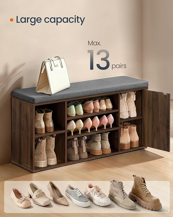 SONGMICS Home Storage Bench, Snapsemble Superfast Assembly, 41" Wide Entryway Shoe Bench with Cushion & Adjustable Shelves, Shoe Rack Cabinet, Natural Walnut and Slate Gray ULHS391KE04S