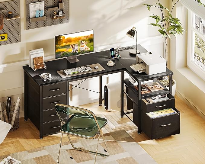 Coleshome L Shaped Computer Desk with 6 Drawers & Power Outlet, 55 Inch Corner Desk with Reversible Storage Shelf & File Drawer, Home Office Desk, Black