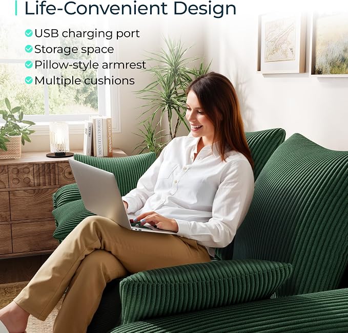 LINSY HOME Oversized Sectional Sleeper Sofa with Pull Out Couch Bed (Green, 110.5'') | USB Charging