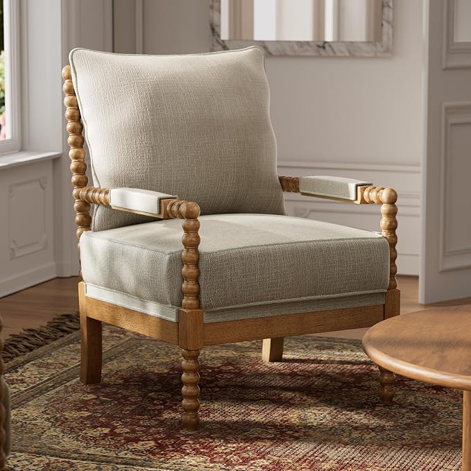 Morden Fort Linen Fabric Spindle Accent Chair with Wood Frame, French Style Accent Chairs with Padded Spring Seat and Armrest Pads, Brushed Base for Living Room Bedroom Farmhouse Office Balcony(Beige)