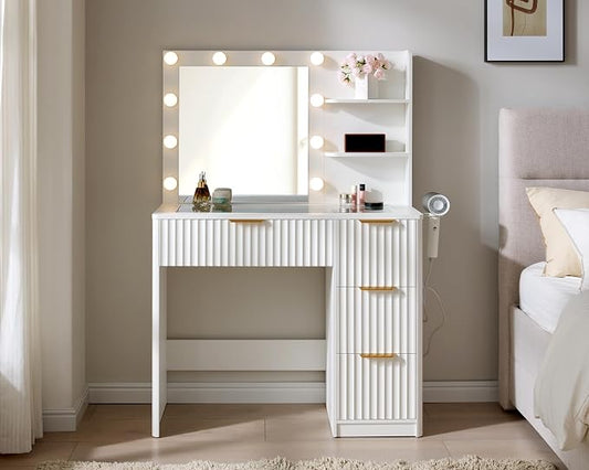 AMERLIFE 36.2" Fluted Vanity Desk with Mirror and Adjustable LED Lights, Large 4 Drawers Makeup Vanity Table with Glass Top and Charging Station for Women and Girls, Bedroom or Dorm, White