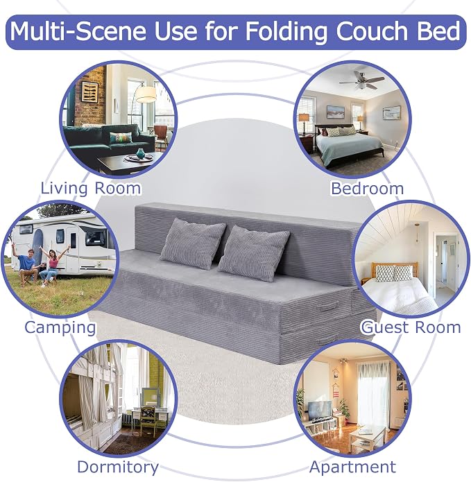 Folding Sofa Bed, 4 in 1 Convertible Sleeper Chair with Pillow, Queen Memory Foam Fold Out Chair Bed, Modern Floor Futon Sofa Couch Mattress for Living Room/Guest/Apartment, Light Gray