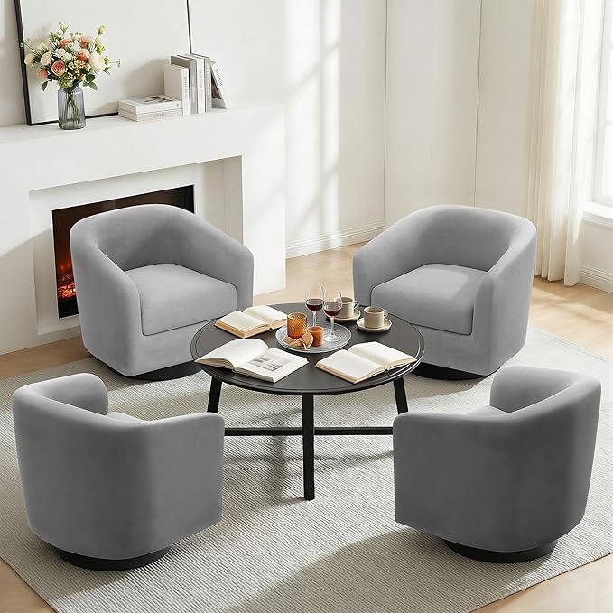 Swivel Barrel Accent Chair, Modern Round Chenille Fabric Arm Chair for Living Room, Bedroom, Comfy Club Reading Chairs for Adults(Velvet Grey, Set of 1