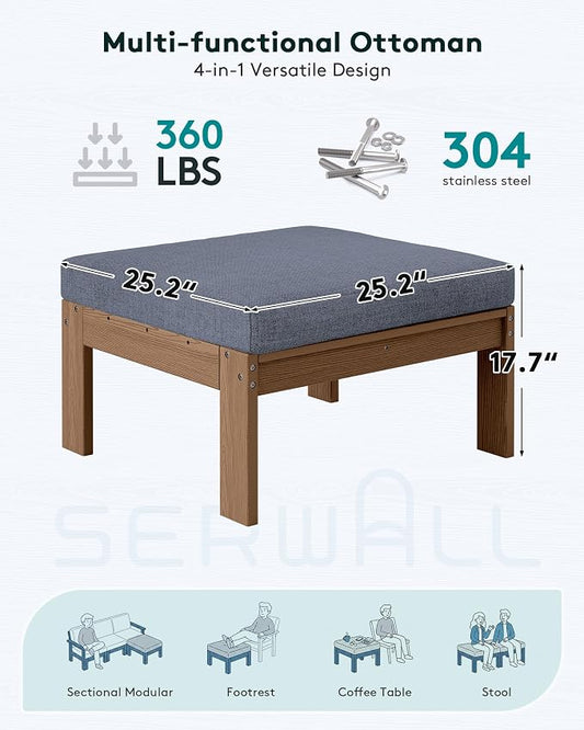 SERWALL Outdoor Ottoman with Cushions for Sofa Set, Brown HDPE Frame with Gray Cushions