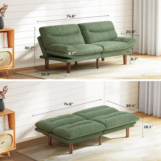Marsail 75" Futon Sofa Bed, Futon Couch with Adjustable Backrest & Armrests, Convertible Sleeper Sofa Bed for Apartment, Living Room, Office, Corduroy Loveseat, Olive Green