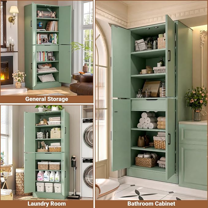 Unikito 71" Tall Kitchen Pantry Storage Cabinet with Farmhouse Barn Doors and Storage Drawer, 4 Adjustable Shelves, Freestanding Cupboard for Dining Room, Living Room, Utility Room, Green
