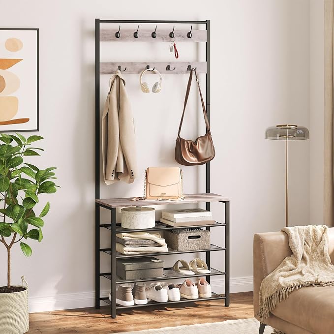HOOBRO Hall Tree, Coat Rack with Shoe Rack, Hall Tree with Bench, 5 Tier Shoe Storage Organizer with 9 Hooks for Entryway, Closet, Sturdy, Industrial, Greige and Black BG80MT01G2