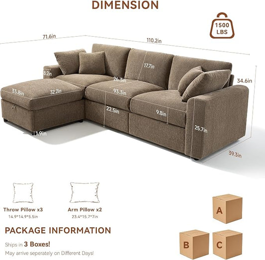 Ihanherry Cloud Sectional Couches for Living Room, 110" Large Modular Sectional Sofa with Wide Deep Seat, L Shaped Couch with Throw Pillow and Storage Ottoman, Brown