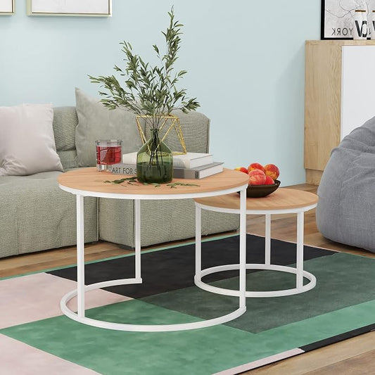 HOJINLINERO Round Coffee Table,Nesting Coffee Table Set of 2,Center Tables for Living Room,Office, Home Small Space,Stacking Side Tables,Sturdy and Easy Assembly,Wood Desktop,White+Teak OAKDK,Large