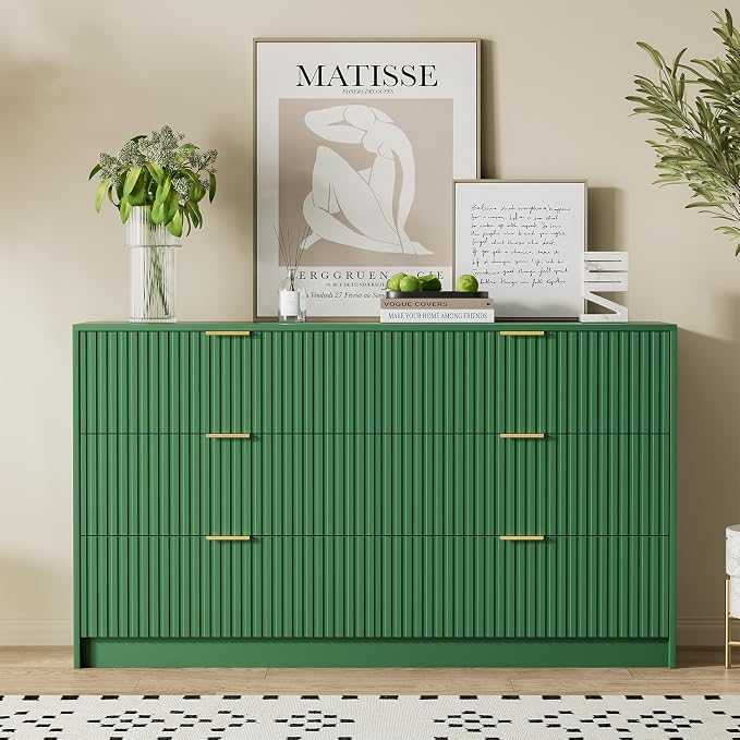 Furniway Green Dresser Bedroom Set 3 Pieces, Nightstands Sets of 2, 6 Drawer Dresser with Gold Handles for Bedroom