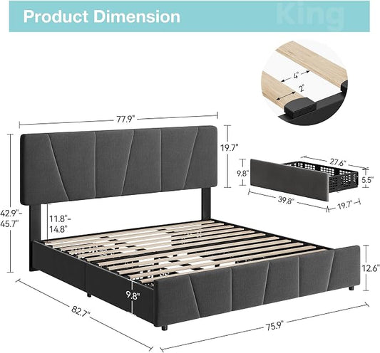 King Size Bed Frame with Upholstered Headboard & 4 Storage Drawers with Wheels, Platform Bed Frame with Wooden Slat Support, Adjustable Headboard, No Box Spring Needed, Noise-Free, for Bedroom