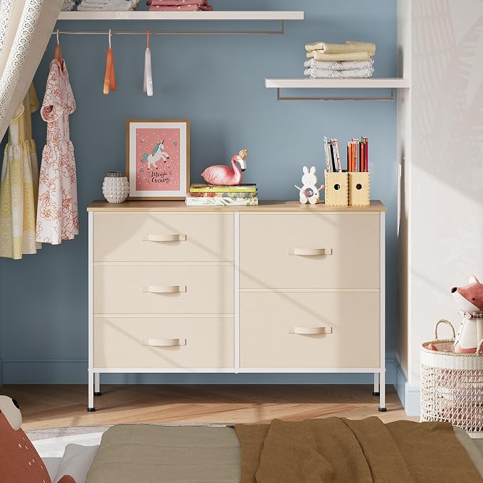 WLIVE Dresser for Bedroom with 5 Drawers, Wide Chest of Drawers for Bedroom, Fabric Dresser for Living Room, Closet, Hallway, Cream White