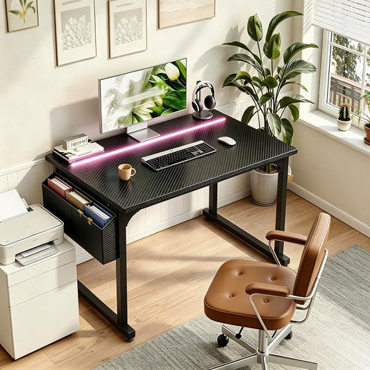 DurayLoly 32" Gaming Desk with Waterproof LED Lights, Carbon Fiber Desktop for Small Spaces | Home Office Study Computer Desk with Storage Bag & Headphone Hook, Black