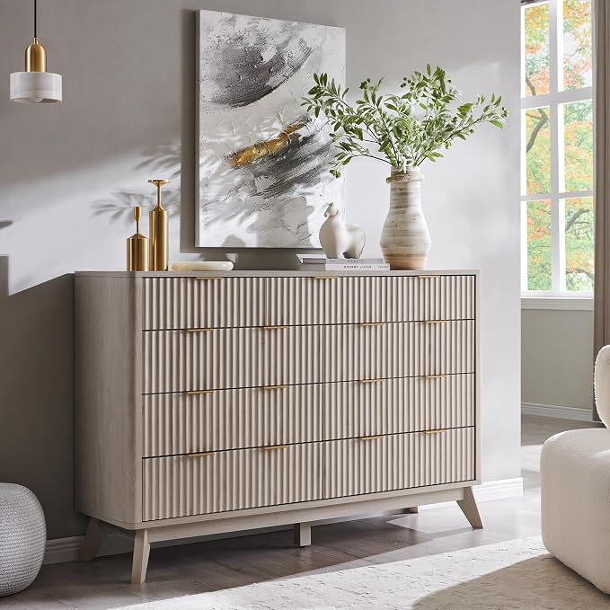 T4TREAM Fluted 9 Drawers Dresser, 54" Wide Modern Chest of Drawers, Curved Profile Design, Dresser TV Stand, Wood Drawer Organizer for Bedroom, Living Room, Hallway, White Alder