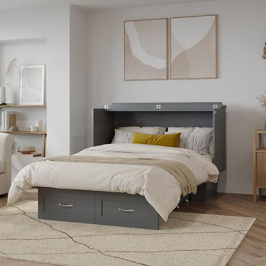 AFI, Monroe Full Murphy Bed Chest with 6" Mattress, Storage Drawer & Built-in USB Charger, Grey
