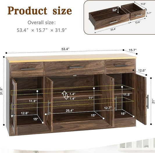 Vongrasig Buffet Cabinet with Drawers, 53” Large Sideboard Buffet Kitchen Storage Cabinet, Modern Farmhouse Coffee Bar with Shelves and Doors, Wood Buffet Table for Kitchen, Dining Room, Rustic Brown