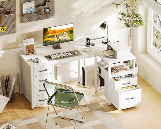 Coleshome L Shaped Computer Desk with 6 Fabric Drawers & Power Outlet, 55 Inch Corner Desk with Reversible Storage Shelf & File Drawer, Home Office Desk, White