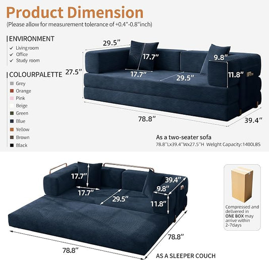 78.8" Convertible Sofa Bed with Armrest Pillow, 4-in-1 Sleeper Couch Bed for Livingroom, Modular Corduroy Boneless couches, No Assembly (Blue)