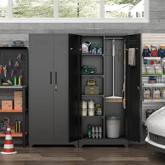 72.8" H Metal Broom Closet Storage Cabinet, Garage Storage Cabinet with Pegboard & Hanging Rod Hooks for Garage Home,Black