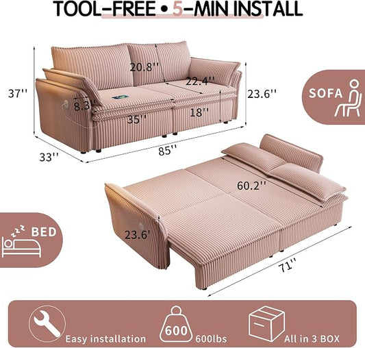 85'' Sofa Bed Full Size, Tool-Free Assembly, 3 in 1 Convertable Sleeper Sofa, Corduroy Couches with Pull Out Bed, USB & Storage, Modern Loveseat for Small Space, Living Room, Corduroy Pink