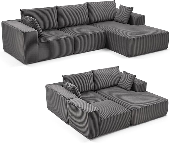 Weture 108” Modular Sectional Sofa, Cloud Sectional Couch with Deep Seat, Modern Modular L-Shape Sofa with Chaise,Upholstered Boneless Couches for Living Room Bedroom (Corduroy, Darkgrey)