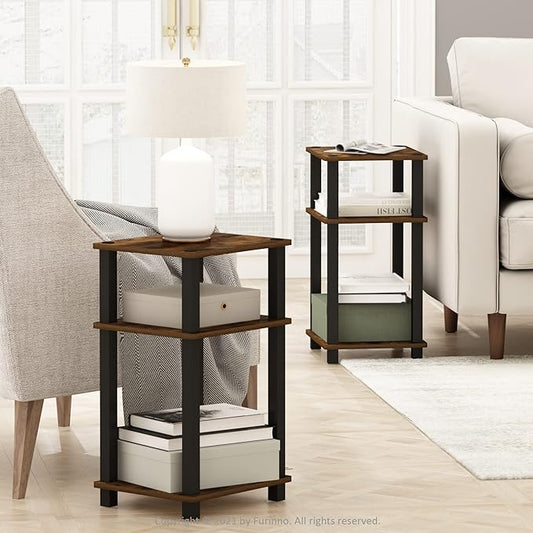 Furinno JUST Side Table Set of 2, 3-Tier Open Shelf End Table, Toolless Assembly Night Stand, Bedside Table with Square Tube, for Living Room, Bedroom, Amber Pine